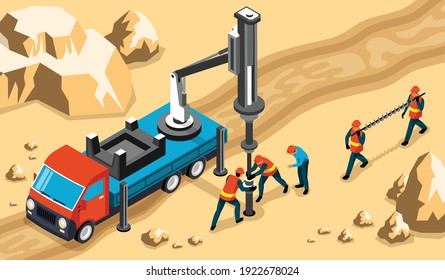 Drilling Workers Engineers Operating Truck Mounted Rig Heavy Machinery To Drill Into Rock Isometric Composition Vector Illustration