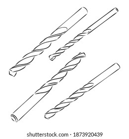 Perforaciones. Conjunto de herramientas de perforación para metal y madera. Esbozo e ilustración de los agresores. Dibujo técnico vectorial. Distintas formas aisladas en blanco. ilustración de esbozo de vector de bits de perforación