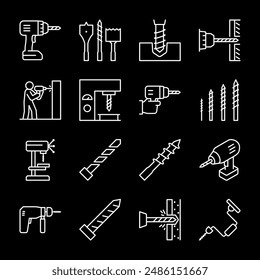 Drills, white line icons. Various types of drills and drill bits, ideal for construction and DIY projects. Symbols on black background. Editable stroke.