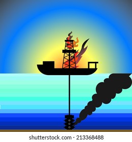 Drillship at Offshore for Deepwater Drilling Blowout and Get on Fire and Oil Spill