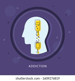 Drink addiction icon concept with alcohol bottle and glass in the drawing of human brain