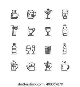 Drink Alcohol Beverage and Coffee Tea Outline Icons. Vector illustration