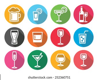 Drink alcohol beverage round flat design icons set     