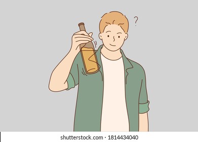 Drink, alcohol, celebration, congratulation concept. Young happy smiling man guy boy alcoholic holding bottle of beer and raising toast. Cheers on party and relaxation beverage addiction illustration