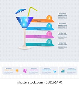 Drink Alcohol Concept Colorful Infographics Shapes Illustration, Multicolored Glossy Arrows Template with Business Strategy Flat Web Icons. Website Banner Design and Stats Presentation Elements