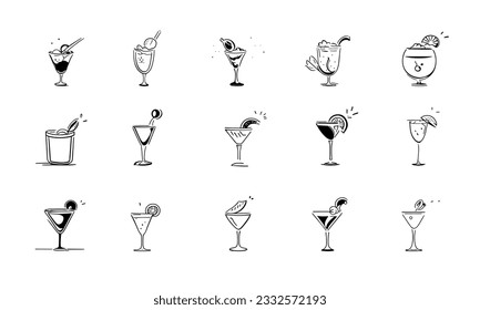 Trink und Alkohol Symbol Set Vektor. Sammlung handgezeichneter alkoholischer Cocktails. Einfache Freehand-Form im Grunge-Stil. Set von Kunstillustrationen von Brillen für alkoholische Getränke.