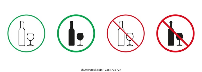 Drink Alcohol Zone Red and Green Warning Signs. Wine Bottle and Glass Line and Silhouette Icons Set. Allowed and Prohibited Area for Drink Alcohol Pictogram. Isolated Vector Illustration.