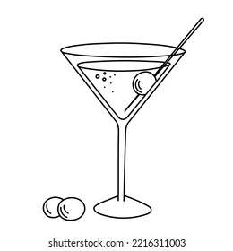 Drink, alcoholic cocktail, festive beverage for holiday celebrating. Use for decorating design menu. Hand-drawn doodle style. Editable stroke. Isolated. Vector illustration