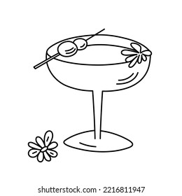 Drink, alcoholic cocktail, festive beverage for holiday celebrating. Use for decorating design menu. Hand-drawn doodle style. Editable stroke. Isolated. Vector illustration