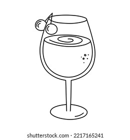 Drink, alcoholic cocktail, festive beverage for holiday celebrating. Use for decorating design menu. Hand-drawn doodle style. Editable stroke. Isolated. Vector illustration