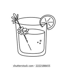 Drink, alcoholic cocktail, festive beverage for holiday celebrating. Use for decorating design menu. Hand-drawn doodle style. Editable stroke. Isolated. Vector illustration