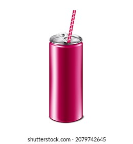 Drink aluminum can with drinking straw mockup. Blank aluminium beverage packaging. Vector illustration for design