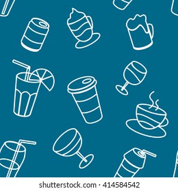 Drink background with line art. Vector seamless pattern.
