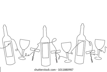 Drink Background. Pattern with Bottles, Glasses. Continuous drawing. One line style. Vector illustration.