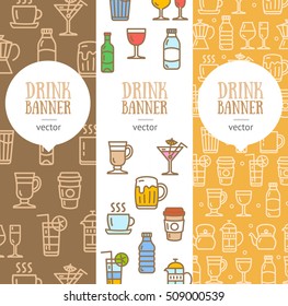 Drink Banner Flyer Vertical Set Thin Line Pixel Perfect Art. Material Design. Vector Illustration For Web Site, Coupon, Voucher, Placard. Flat Design