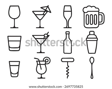 Drink and bar icon set in outline style with glasses, bottles, cocktails, shakers, and bar tools for beverage, party, and nightlife design themes 