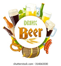 "Drink beer" label with light and dark beer, mugs, bottles, hop cones, barley, beer keg, pretzel and sausages. Vector illustration, isolated on transparent background, eps 10.