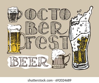 Drink beer. Vector illustration. 
October fest. Vector  beer glasses and mugs in hand drawn style.
