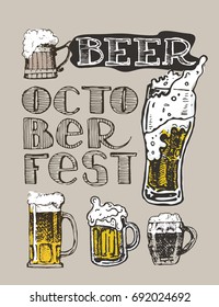 Drink beer. Vector illustration. 
October fest. Vector  beer glasses and mugs in hand drawn style.