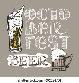 Drink beer. Vector illustration. 
October fest. Vector  beer glasses and mugs in hand drawn style.