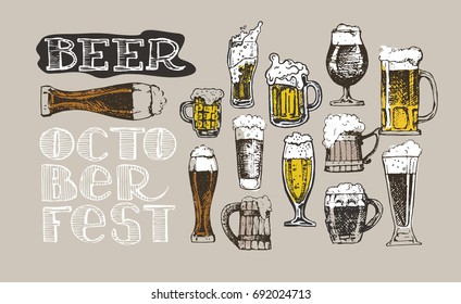 Drink beer. Vector illustration. 
October fest. Vector  beer glasses and mugs in hand drawn style.