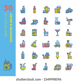 Drink & Beverage 30 Color Flat Outline icons set for web design,mobile application,website and graphic design.