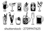 Drink and beverage doodle. Cocktail, mocktail and juice, soda and beer, smoothie and champagne, sketch wine and martini, mojito and lemonade, iced tea. Hand drawn outline vector isolated set.
