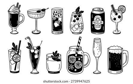 Drink and beverage doodle. Cocktail, mocktail and juice, soda and beer, smoothie and champagne, sketch wine and martini, mojito and lemonade, iced tea. Hand drawn outline vector isolated set.