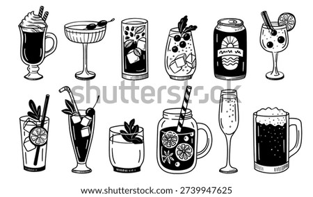 Drink and beverage doodle. Cocktail, mocktail and juice, soda and beer, smoothie and champagne, sketch wine and martini, mojito and lemonade, iced tea. Hand drawn outline vector isolated set.