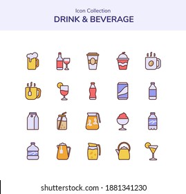 drink beverage icon set collection beer cocktail cola juice tea lemon squash ice cream milk mineral water brew coffee with flat outline style