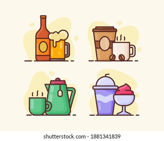 drink beverage icon set collection package cold beer hot coffee green tea ice cream with flat style