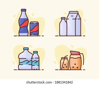 drink beverage icon set collection cola milk mineral water brew coffee with flat outline style