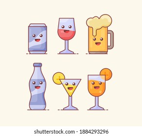 drink beverage icon set collection package with white isolated background and kawai emoticon face with flat color outline style