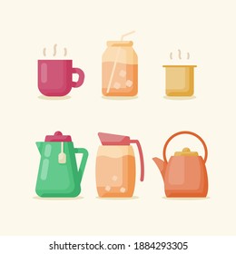 drink beverage icon set collection package hot cold ice tea coffee herb cup jar kettle white isolated background with flat color style