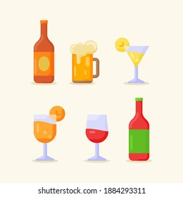 drink beverage icon set collection package cold beer cocktail mocktail red wine glass bottle white isolated background with flat color style