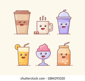 Drink Beverage Icon Set Collection Package With Kawai Style Face With White Isolated Background And Flat Color Outline Style