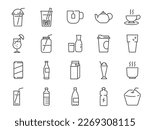 Drink and beverage icon set. It included icons such as water, soda, tea, coffee, juice, mineral water, and more.