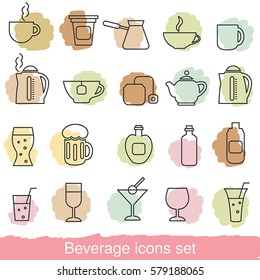 Drink and beverage icons set. Collection beverage icons in thin line style.