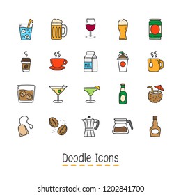 Drink and Beverage Icons Set. Hand Drawn Doodle Icon. 