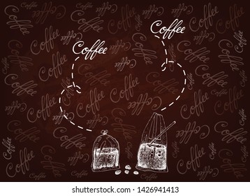 Drink and Beverage, Illustration Hand Drawn Sketch of Thai Iced Coffee and Iced Tea in Plastic Bag on Brown Background.