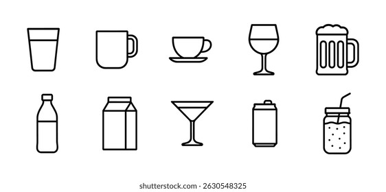 Drink, beverage outline icon set - flat, refreshing cup and glass symbols for apps