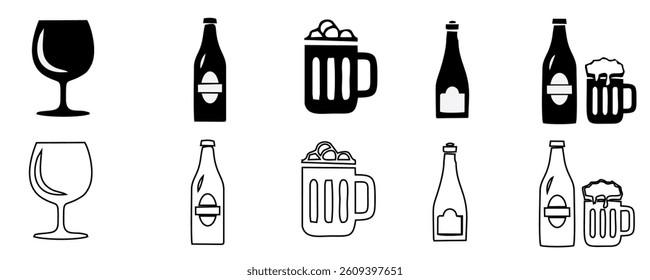 drink beverage outline icons, bottle liquor glass