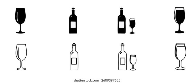 drink beverage outline icons, bottle liquor glass