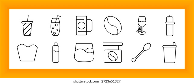 Symbol für Getränke und Getränkeset. Umfasst Soda-Tasse, Blase Tee, Saft, Kaffeebohnen, Becher, Flasche, Löffel, Babyflasche, Glas, Espressomaschine, Cocktail und Abfalleimer Symbole.