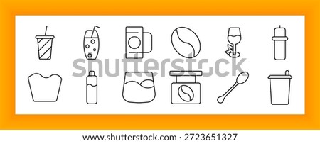 Drink and beverage set icon. Includes soda cup, bubble tea, juice, coffee bean, mug, bottle, spoon, baby bottle, glass, espresso machine, cocktail, and waste bin icons.