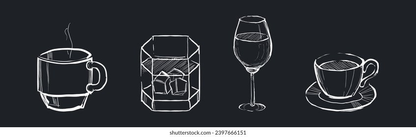 Drink and Beverage in Sketch Style Drawn with Chalk on Black Background Vector Set