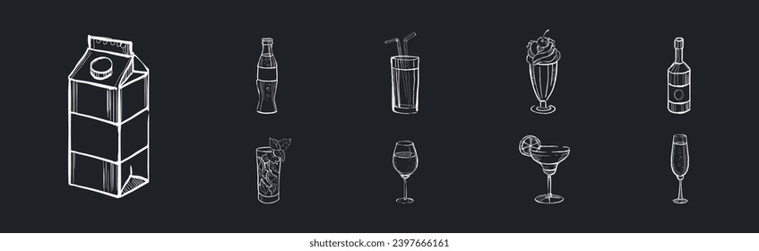 Drink and Beverage in Sketch Style Drawn with Chalk on Black Background Vector Set