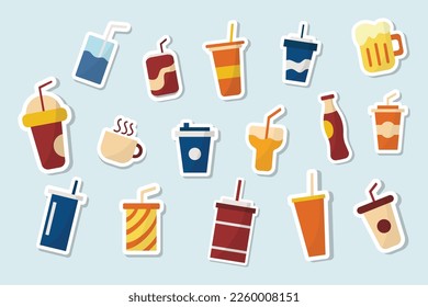 Juego de iconos vectoriales de bebidas y bebidas. Conjunto de stickers de bebidas y bebidas. Ilustración vectorial dibujada a mano.