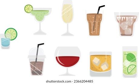 Drink and Beverage Vector Illustration, Soda, Alcohol, Coffee, Wine and Juice Drinks