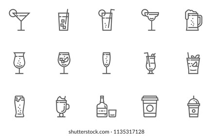 Drink and Beverage Vector Line Icons Set. cocktails, coffee, alcoholic beverages. Editable Stroke. 48x48 Pixel Perfect.